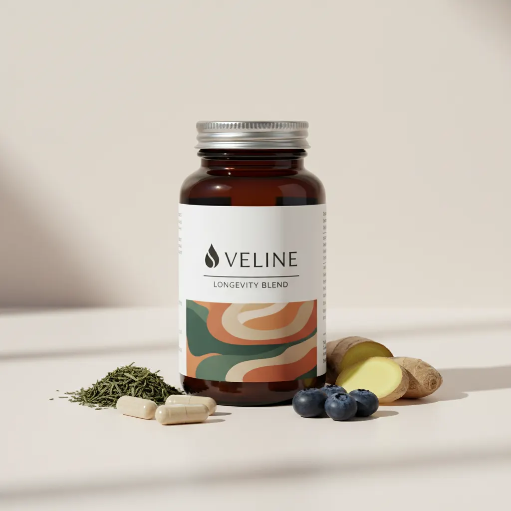 Veline Longevity Blend white supplement bottle with label
